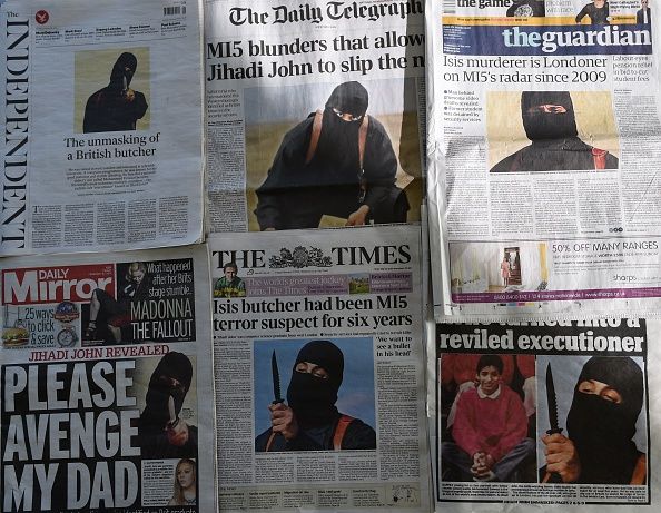 Photos of &amp;#039;Jihadi John&amp;#039; on the front of British newspapers.