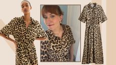 A composite of a model and matilda wearing the h&M leopard print dress as well as a flat lay shot