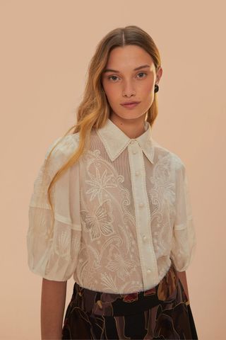 Farm Rio, White Embroidered Short Sleeve Blouse