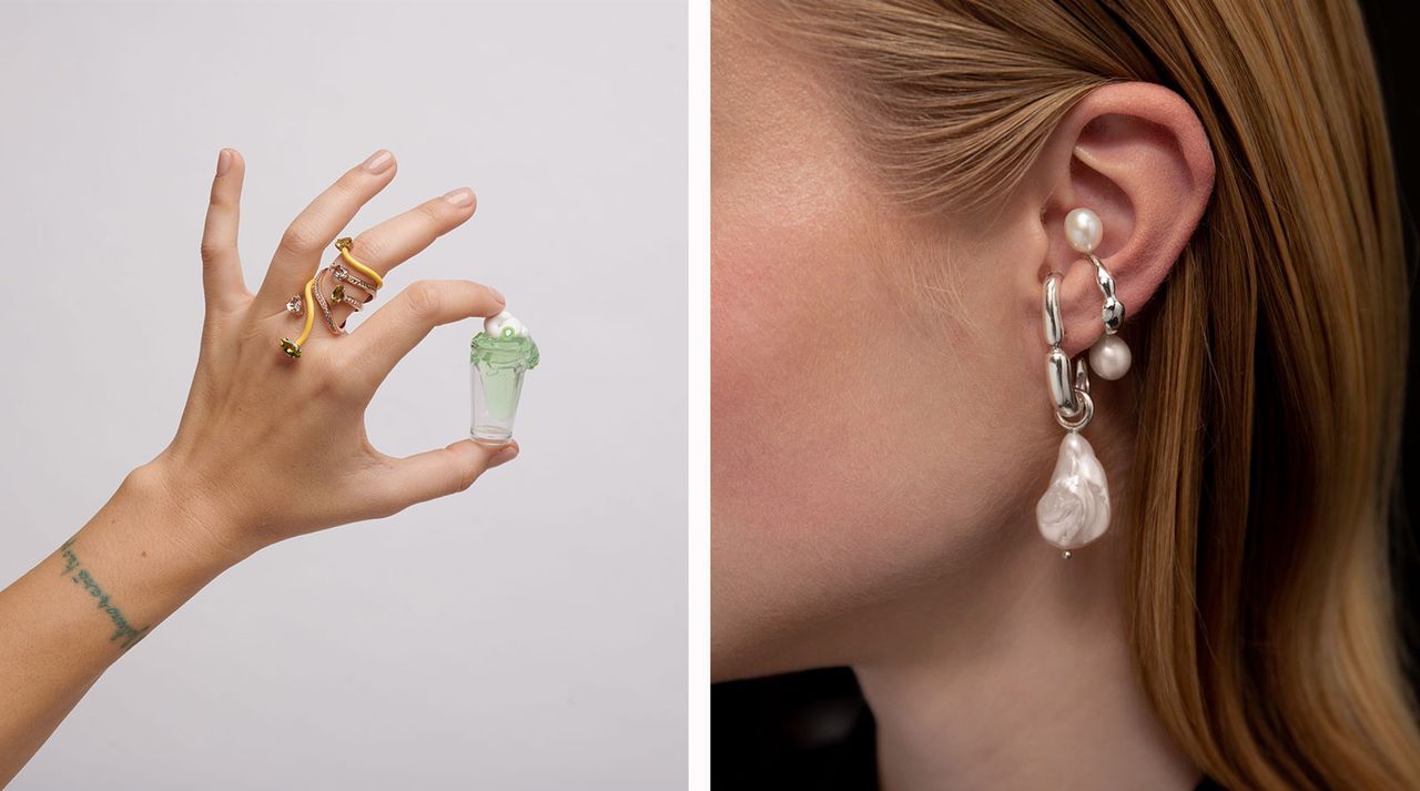 Woman holding stone with a colouful ring on and woman&#039;s ear with pearl earring on