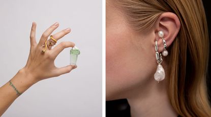 Woman holding stone with a colouful ring on and woman's ear with pearl earring on