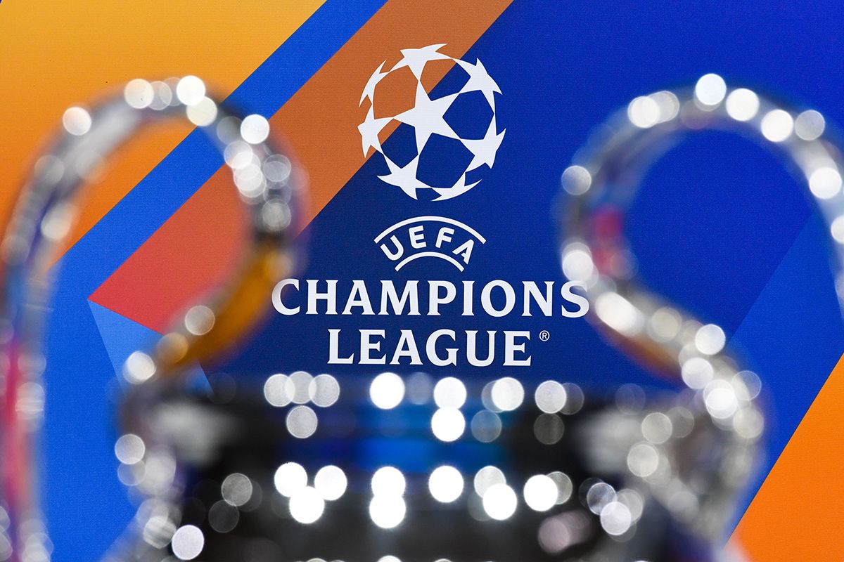 A view of the UEFA Champions League logo during the UEFA Champions League 2021/22 Round of 16 Draw at the UEFA headquarters, The House of European Football, on December 13, 2021, in Nyon, Switzerland.