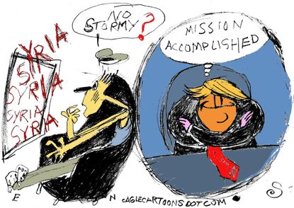 Political cartoon U.S. Trump Syria attack distraction Stormy Daniels