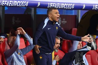 Kylian Mbappe on the sidelines for the Netherlands v France at Euro 2024 (Getty Images)