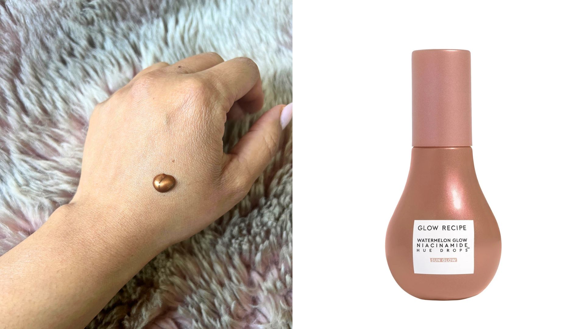 Glow Recipe Watermelon Glow Niacinamide Hue Drops on hand and product bottle