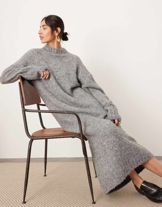 Asos Edition Boucle Chunky Knit High Neck Maxi Dress in Grey