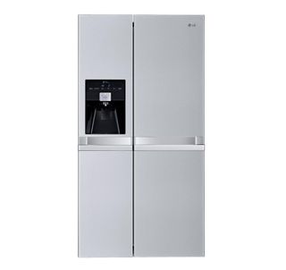 Large silver fridge freezer with full length vertical double doors with horizontal handles, with a water and ice dispenser