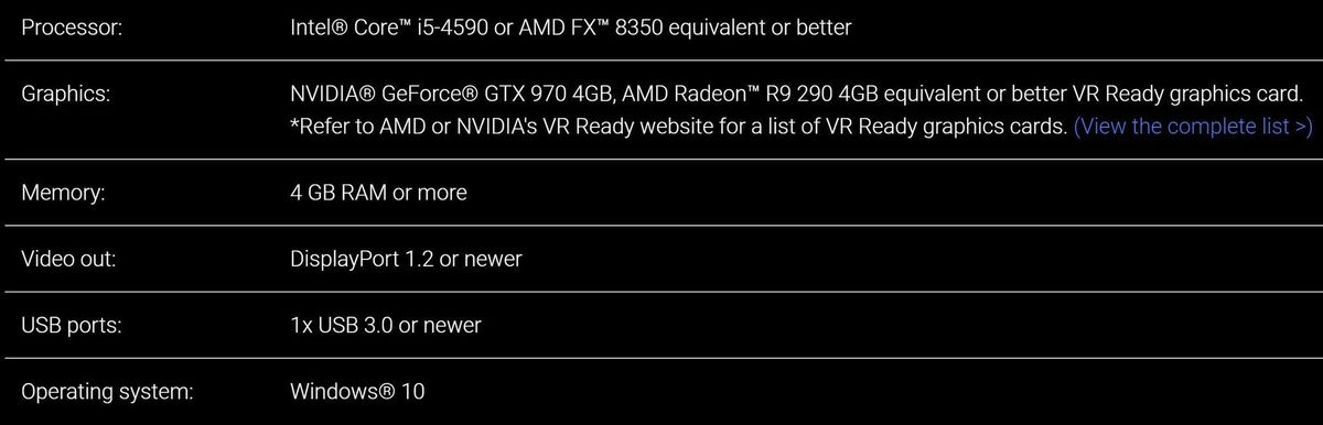 HTC Vive Cosmos minimum specs
