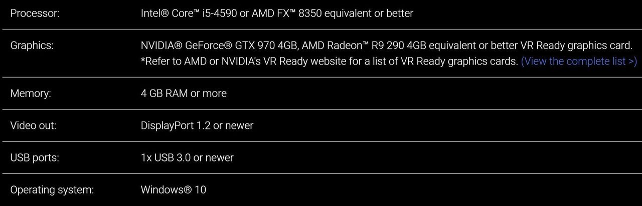 HTC Vive Cosmos minimum specs