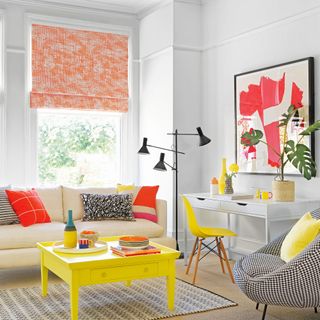 grey living room with pops of neon yellow