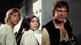 Harrison Ford, Carrie Fisher, and Mark Hamill in Star Wars: Episode IV - A New Hope (1977)_Lucasfilm Ltd.