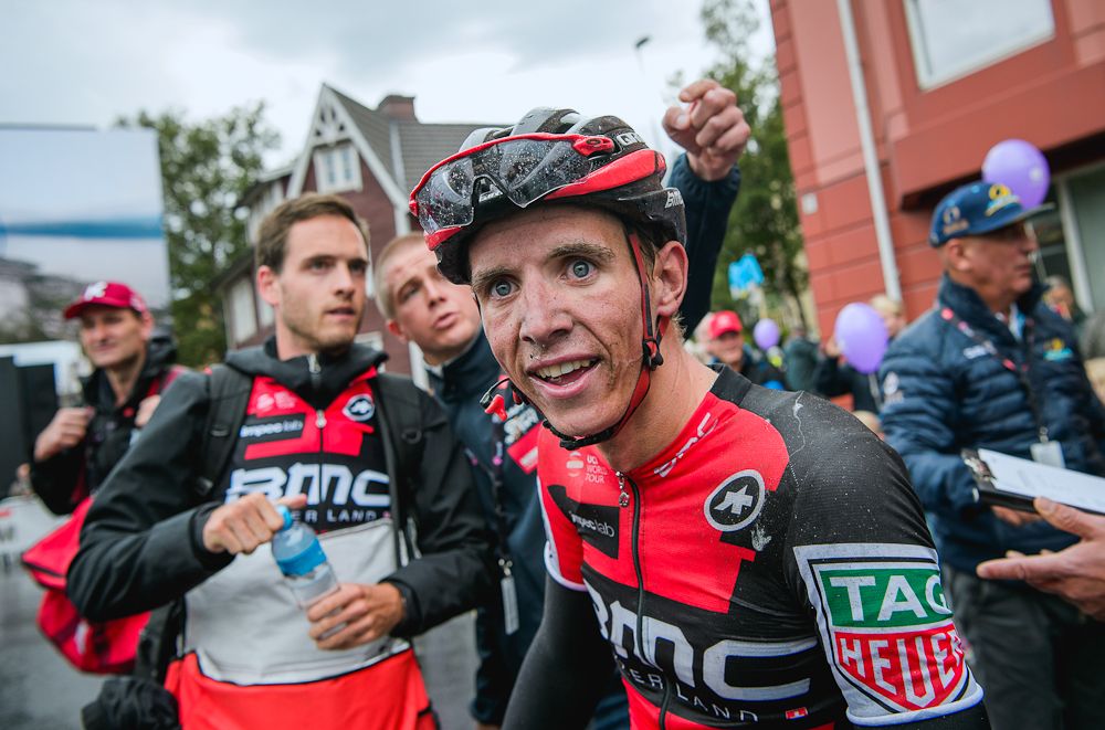 Dylan Tuens (BMC) reacts after winning the opening stage at the Arctic Race of Norway