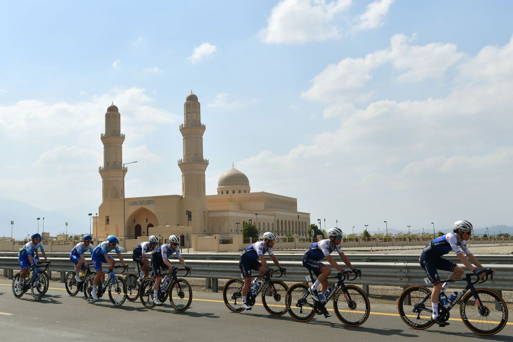 QuickStep-AlphaVinyl lead the peloton at the Tour of Oman