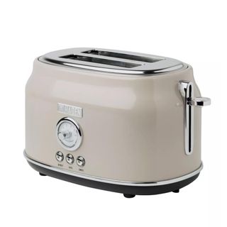 A gray toaster with two slice slots, a temperature dial and silver buttons in the middle, and a silver handle on the side