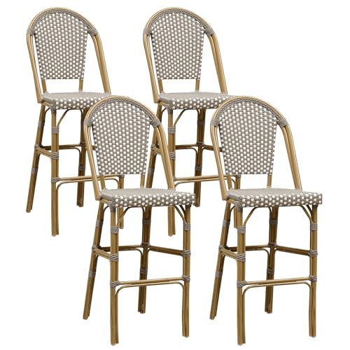 Purple Leaf French Bar Stool Set of 4 Bamboo Print Finish Patio Bar Stools With Back Wicker Bar Height Stool 30&quot; With Footrest Kitchen Island Stools Outdoor Barstool Grey