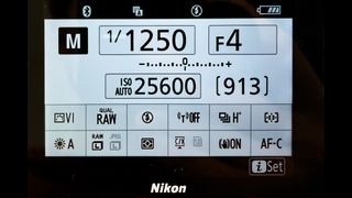 Nikon Z-Series exposure settings screen, showing Manual mode 1/1250 sec, f/4, Auto ISO 25600