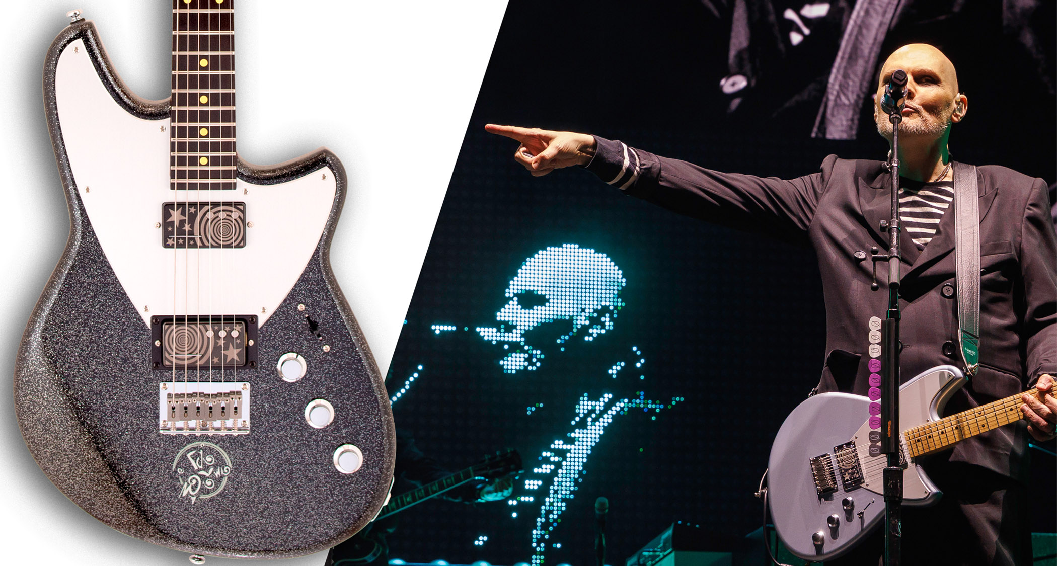 Billy Corgan points to his new Reverend Billy Corgan Z-One Infinite Sadness signature model