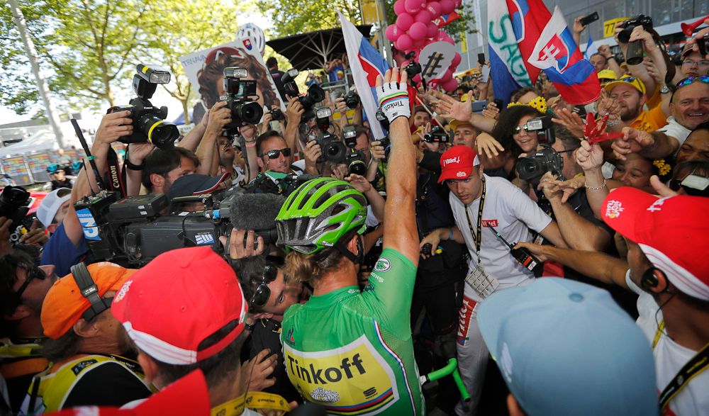 Peter Sagan greets Slovakian fans in Berne at the Tour de France.