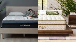 On the left, a person lying on the Helix Midnight Luxe mattress, on the right, the Saatva Classic Mattress on a bed frame