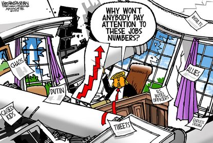 Political cartoon U.S. Trump economy numbers unemployment tweets Russia Putin