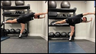 Strength and conditioning coach performing a Wall Assisted Hip Airplane