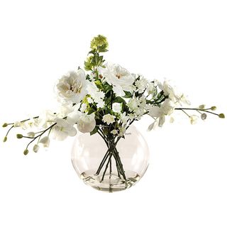 glass vase witih orchid and sophia roses