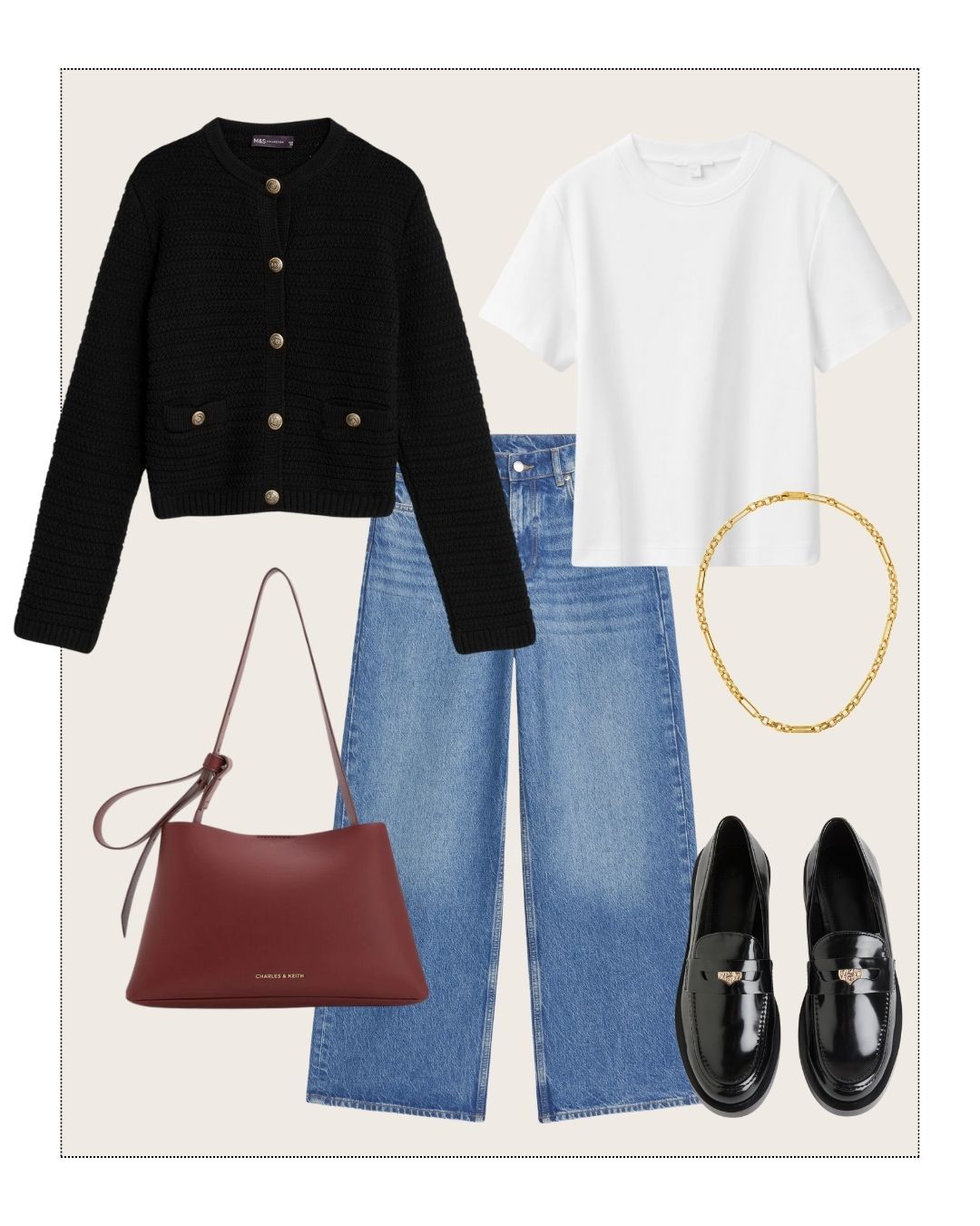 Marks & Spencer textured jacket, blue jeans, white t-shirt, red handbag, black loafers