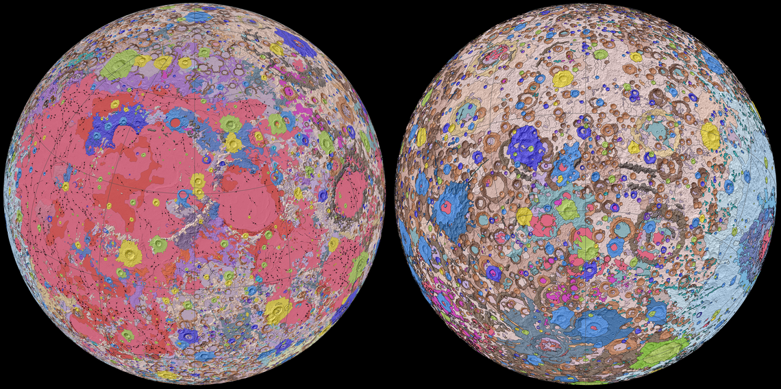 Two orbs next to each other with lots of colors indicating various features of the moon.