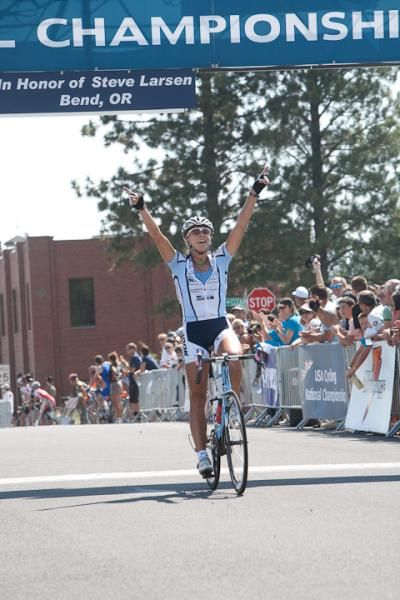 Meredith Miller (Team TIBCO) celebrates winning the women's elite national road race.