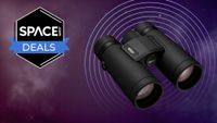 A pair of Nikon Monarch M7 10x42 binoculars on a space background with a Space Deals logo.