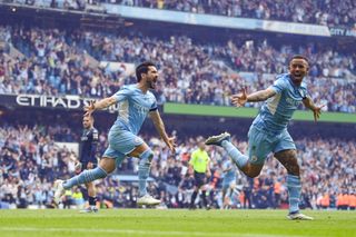 Gabriel Jesus and Ilkay Gundogan celebrate as Manchester City seal the title against Aston Villa