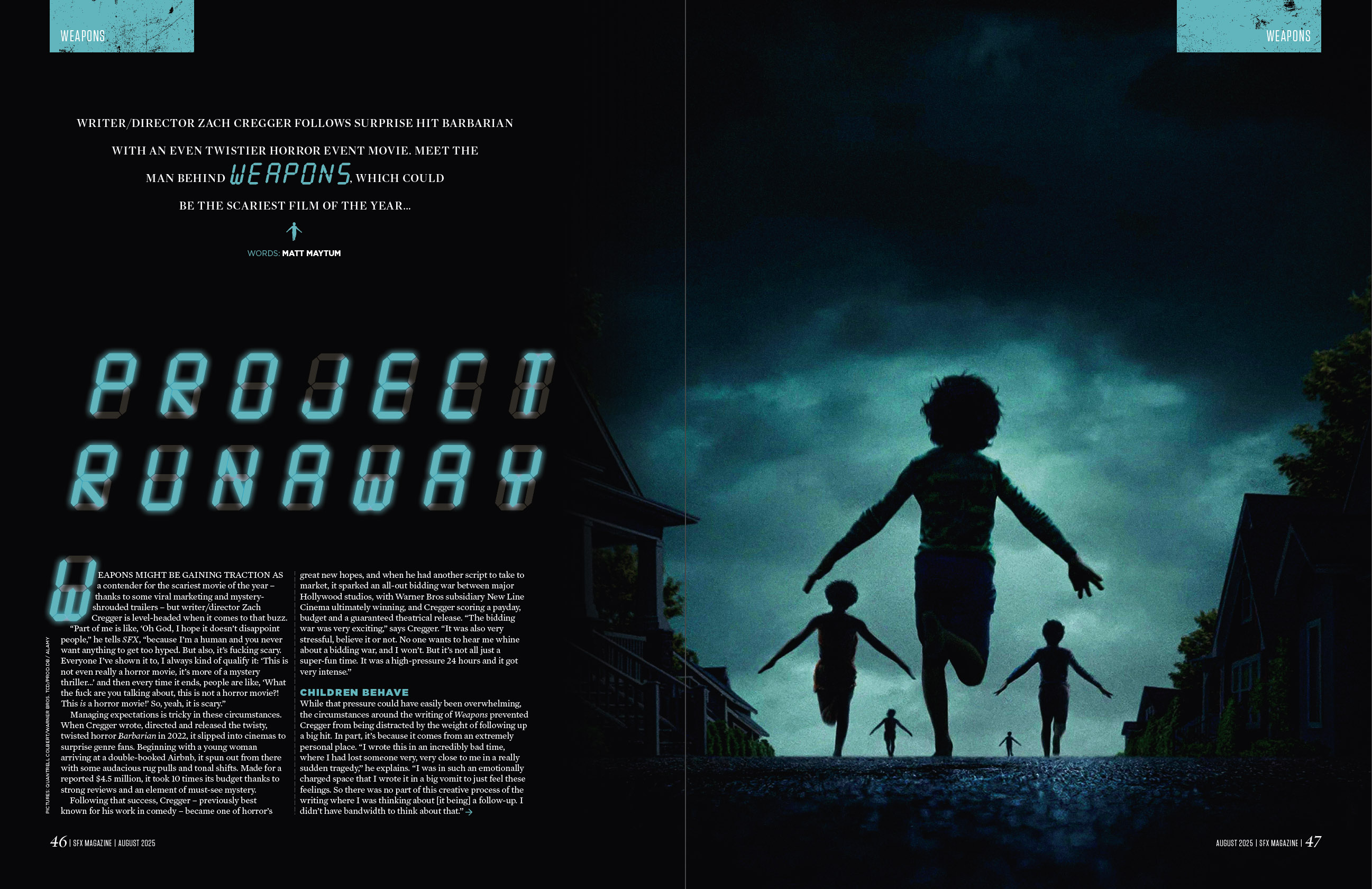 Five children running down the street, arms outstretched.