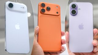 iPhone Air, iPhone 17 Pro and iPhone 17 being held aloft