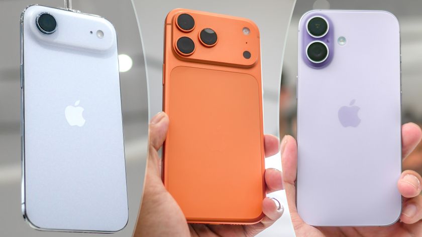 iPhone Air, iPhone 17 Pro and iPhone 17 being held aloft