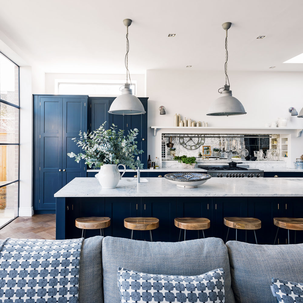 Navy cabinets grey walls