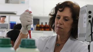 The researcher Maria Elena de Lima works in the laboratory.