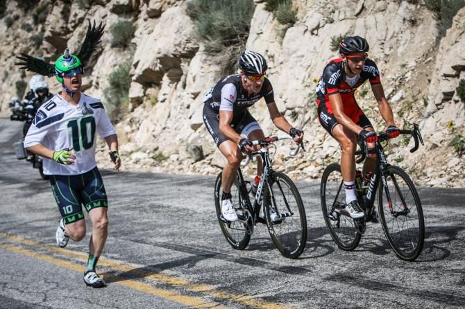 Jens Voigt (Trek) and Dylan Theuns (BMC) get cheered on during an attack.