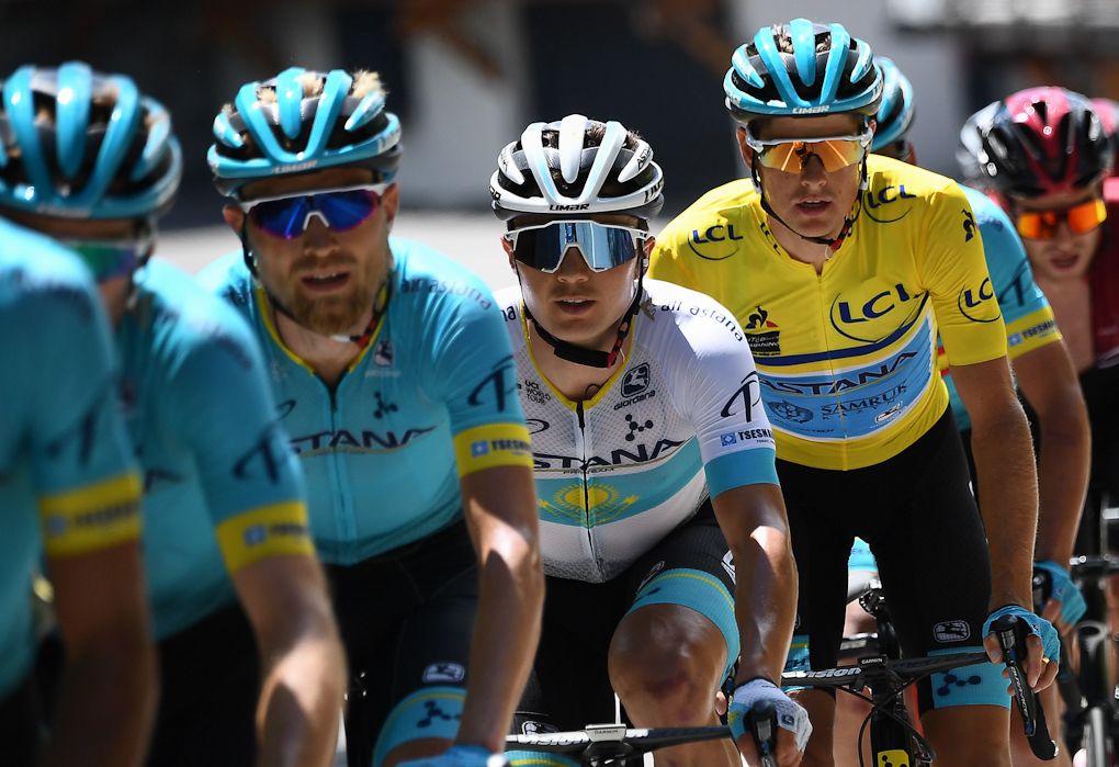 Jakob Fuglsag in yellow during stage 8 at Dauphine