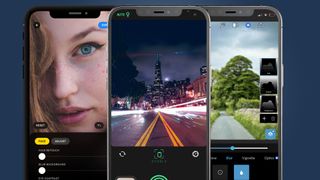 Three phone screens showing different DSLR photography effects