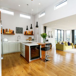 white living area with kitchen and wooden flooring