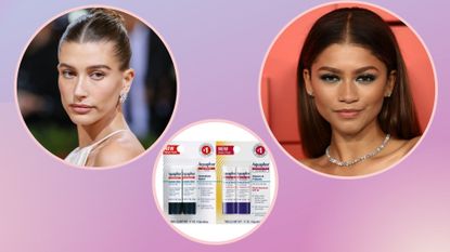 Hailey Bieber and Zendaya in a pink, purple and cream template with Aquaphor Lip Repair balm from Amazon