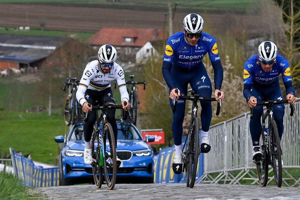 fromL Team Deceuninck QuickStep French riders Julian Alaphilippe Florian Senechal and Italian rider Davide Ballerini take part in a training session on the track of the Tour of Flanders Ronde van Vlaanderen cycling race on April 2 2021 The 105th edition of the cycling race will take place on April 4 2021 Belgium OUT Photo by DIRK WAEM Belga AFP Belgium OUT Photo by DIRK WAEMBelgaAFP via Getty Images