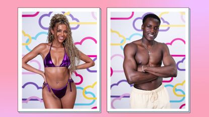 The 2023 Love Island bombshells: Zara and David pictured infront of cloud backdrops for Love Island 2023/ in a pink blue and purple template