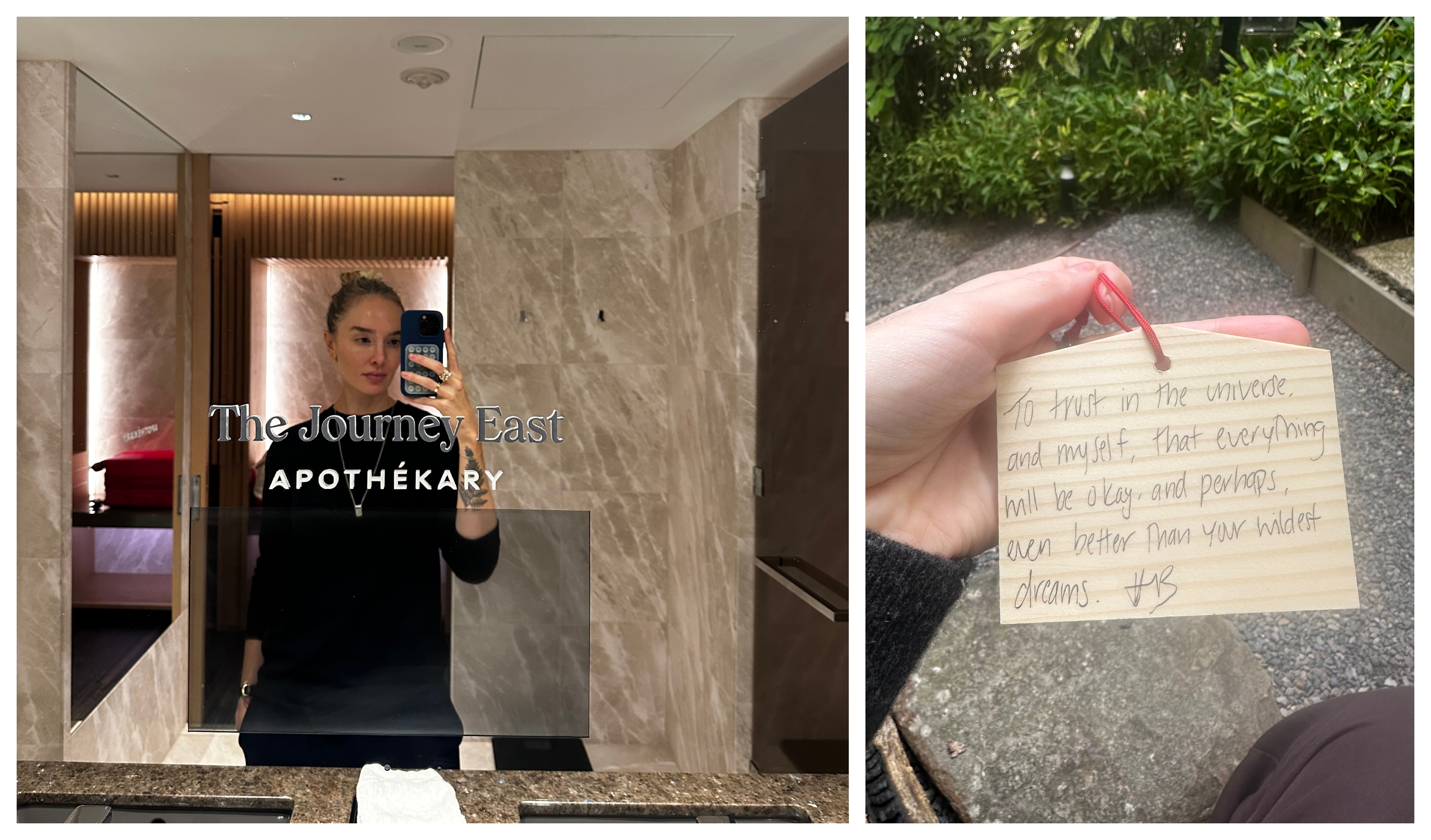 Hannah Baxter taking a mirror selfie and holding a wood tablet with writing