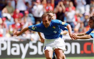Antonio Conte celebrates after scoring a bicycle kick for Italy against Turkey at Euro 2000.