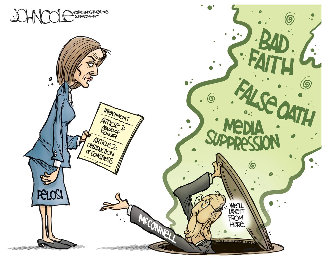 Political Cartoon U.S. Nancy Pelosi Mitch McConnell Impeachment articles