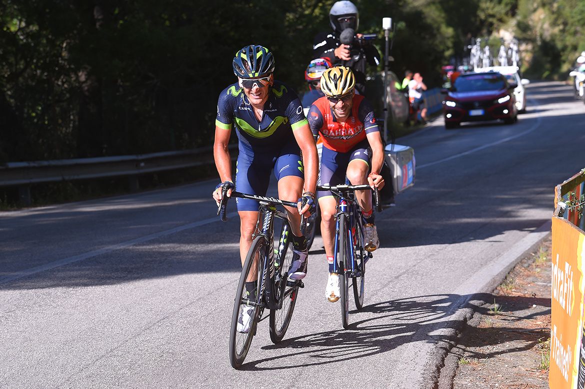 Giovanni Visconti (Bahrain-Merida) on the attack with Gorka Izagirre (Movistar)