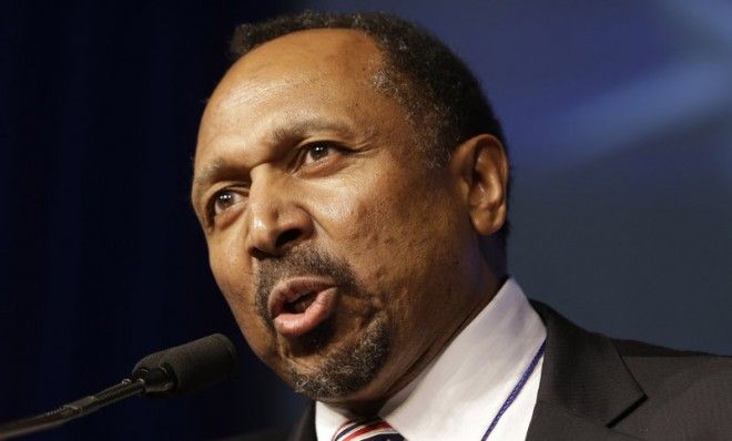 E.W. Jackson delivers his acceptance speech for the GOP nomination for Lt. Gov. in Richmond, Va. on May 18.