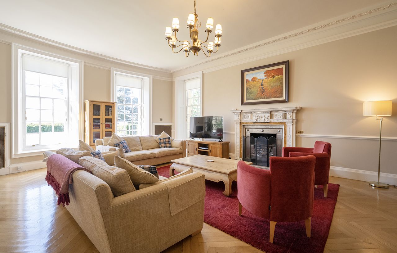 There are sculpted fireplaces throughout the property