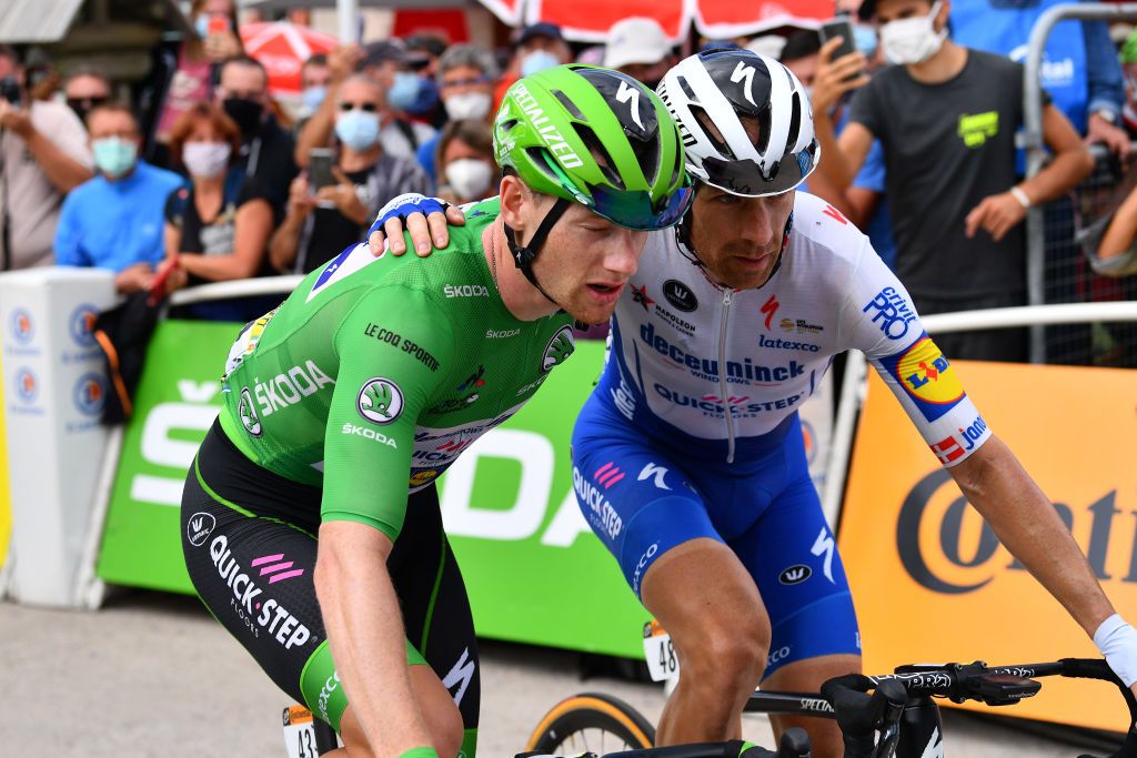 CANTAL FRANCE SEPTEMBER 11 Arrival Sam Bennett of Ireland and Team Deceuninck QuickStep Green Points Jersey Michael Morkov of Denmark and Team Deceuninck QuickStep during the 107th Tour de France 2020 Stage 13 a 1915km stage from ChtelGuyon to Pas de PeyrolLe Puy Mary Cantal 1589m TDF2020 LeTour on September 11 2020 in Cantal France Photo by Stuart FranklinGetty Images